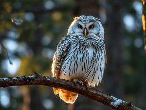 A Boreal Owl sitting on a branch is highlighted by rays of evening sun. 
* this image is AI generated.