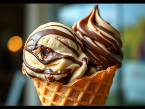 Two scoops of Mackinac Island Fudge ice cream on a waffle cone