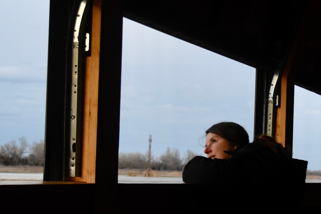 Jennifer waiting for the evening arrival of sandhill Cranes