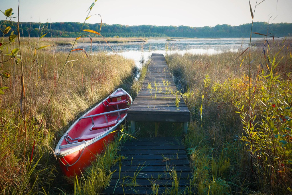 Big Sand Lake Marsh with canoe and dock, Northwest Wisconsin