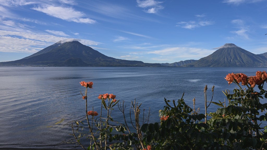 Volcánes Atitlán (left) and San Pedro (right) along the shores of Lake Atitlán, Guatemala