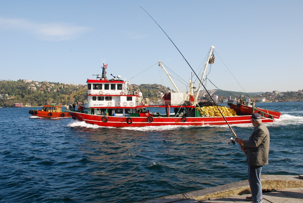 A fisherman casts from the seawall as a bright red working boat churns past.