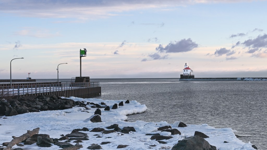 The Wisconsin Point breakwater and Lighthouse on a January Morning.